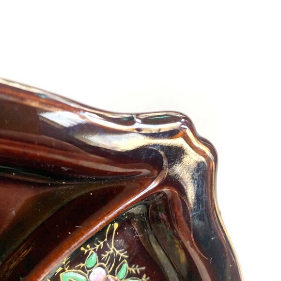 Vintage Hand Painted Floral Decorated Divided Brown Dish Japan - Picture 7 of 11